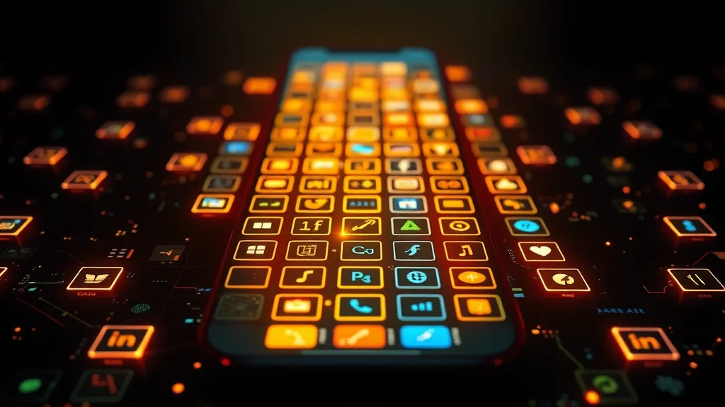 Ranked grid of glowing app tiles across phone and browser, abstract