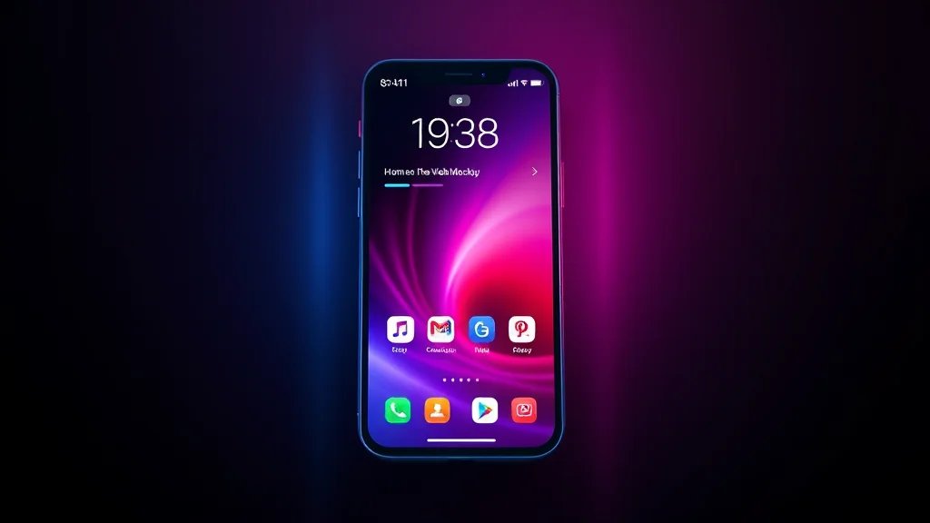 Home screen web app tiles on a dark phone mockup, neon