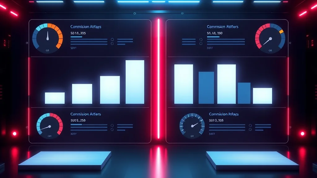 Comparison grid of platform cards with rating bars and commission dials, abstract