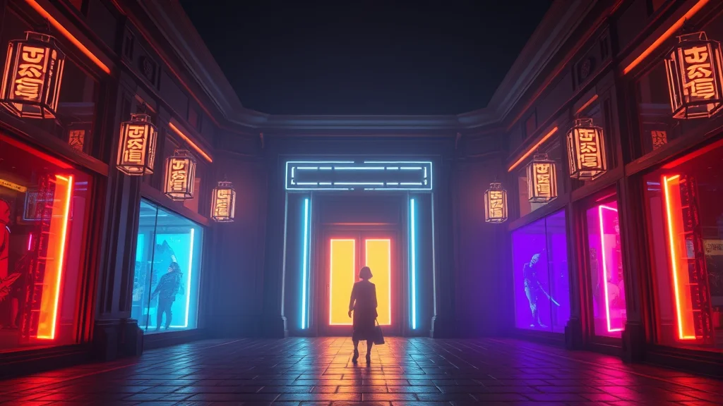 A creator choosing between glowing storefront portals, concept art on dark