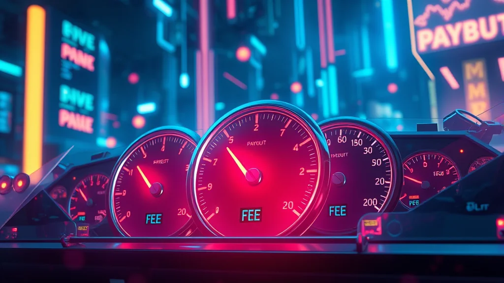 Payout speed and fee gauges across multiple platforms, neon nodes