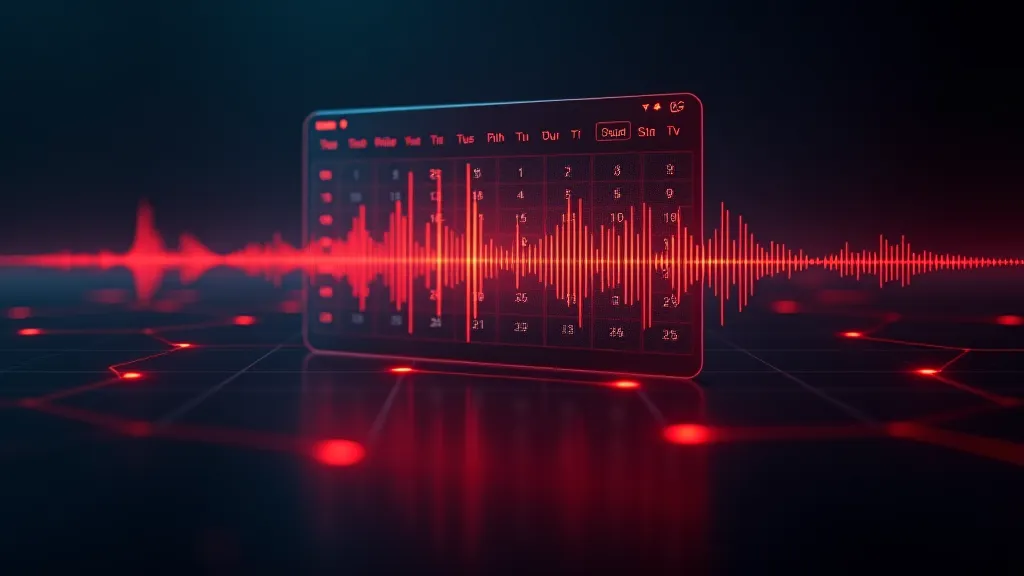 Voice waveform and scheduling calendar tiles glowing on dark