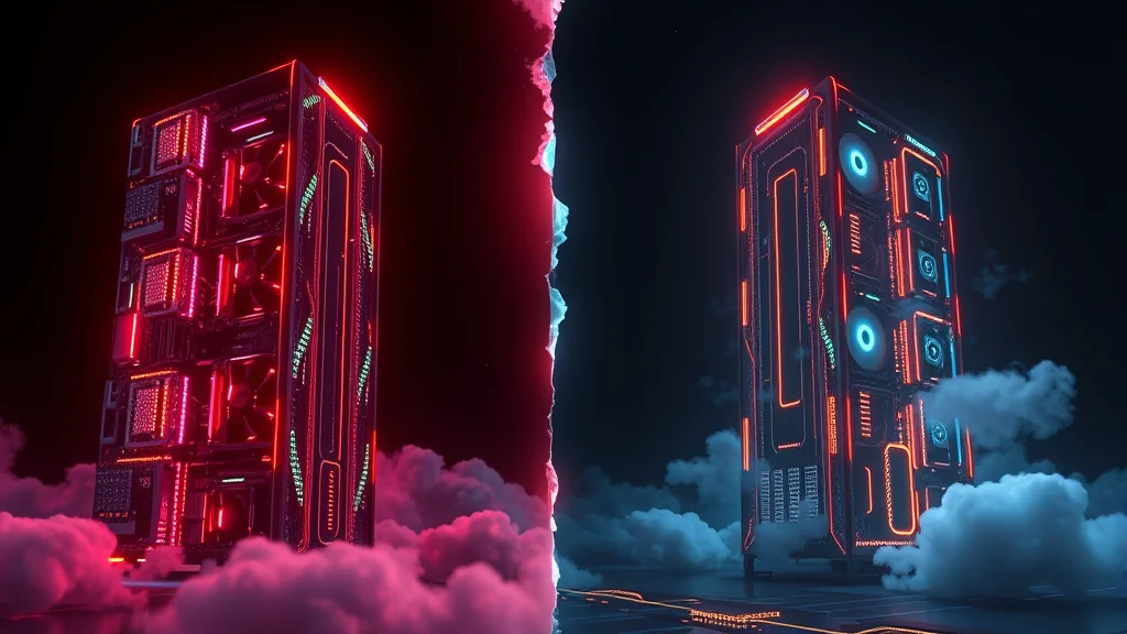 Hosted cloud panel versus local GPU tower split concept, glowing