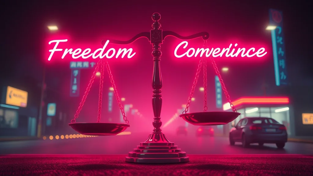 Freedom-versus-convenience balance scale, neon abstract
