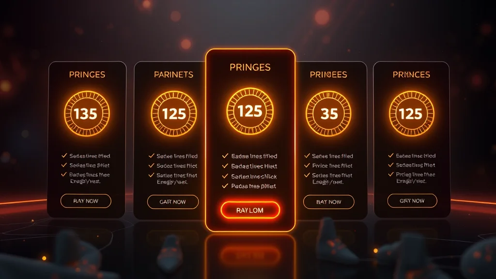 Pricing tier cards with glowing badges, abstract dark UI