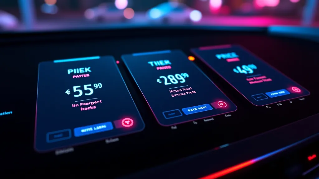 Pricing tier cards on a dark dashboard, neon accents