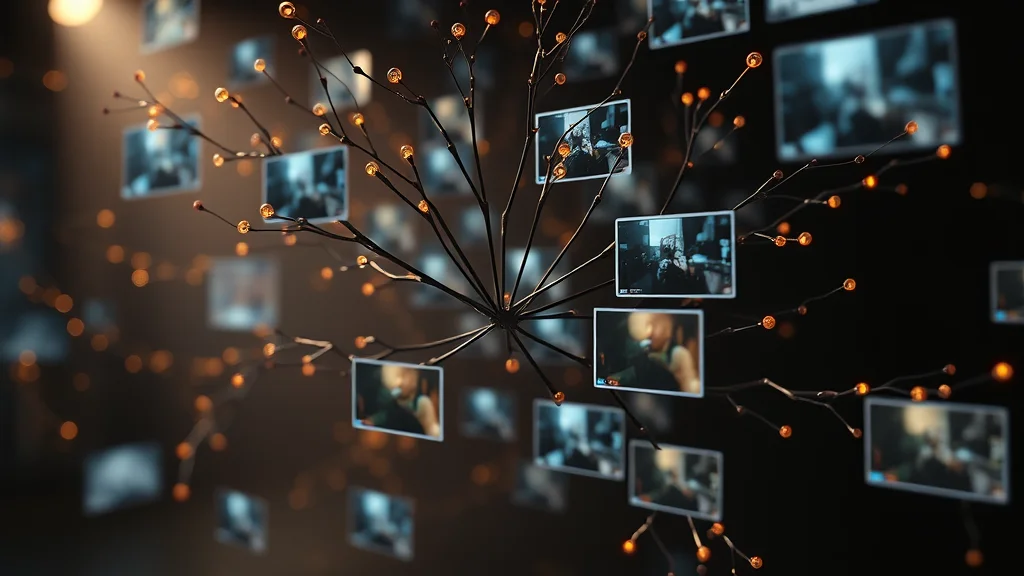 Version selector nodes branching into output frames, abstract