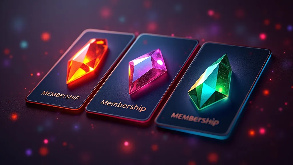 Membership tier cards with glowing gems, abstract
