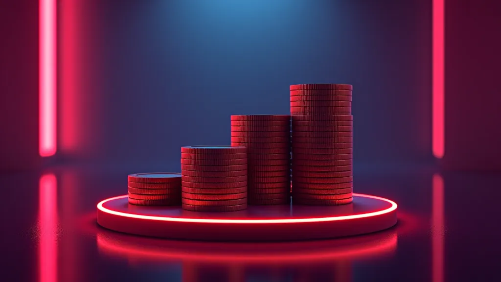 Platform payout coins stacked at different heights on dark, neon