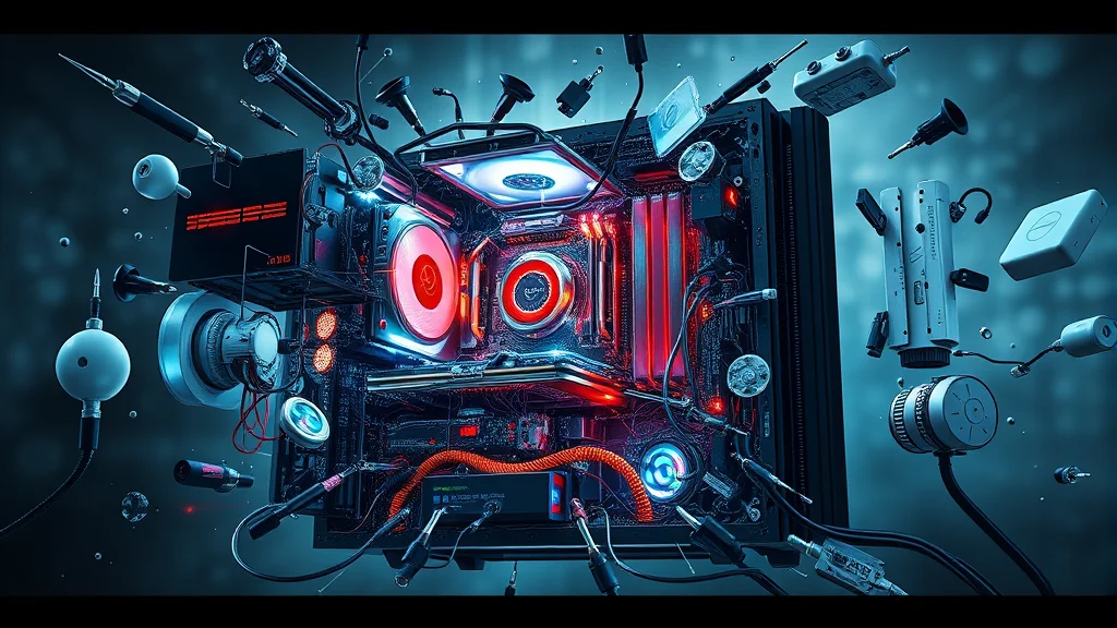 Exploded view of PC parts coming together, abstract concept