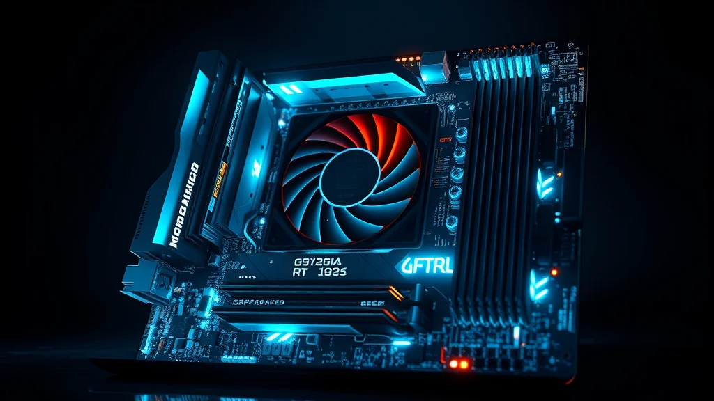 A glowing motherboard with a large GPU seated in it on dark