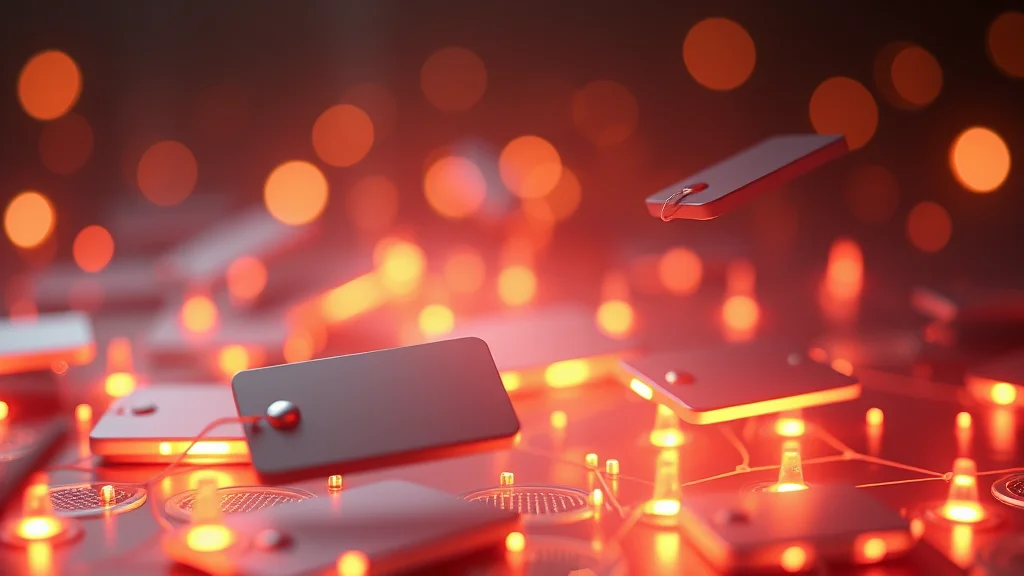 Image cards with floating tag chips connected by light, abstract concept