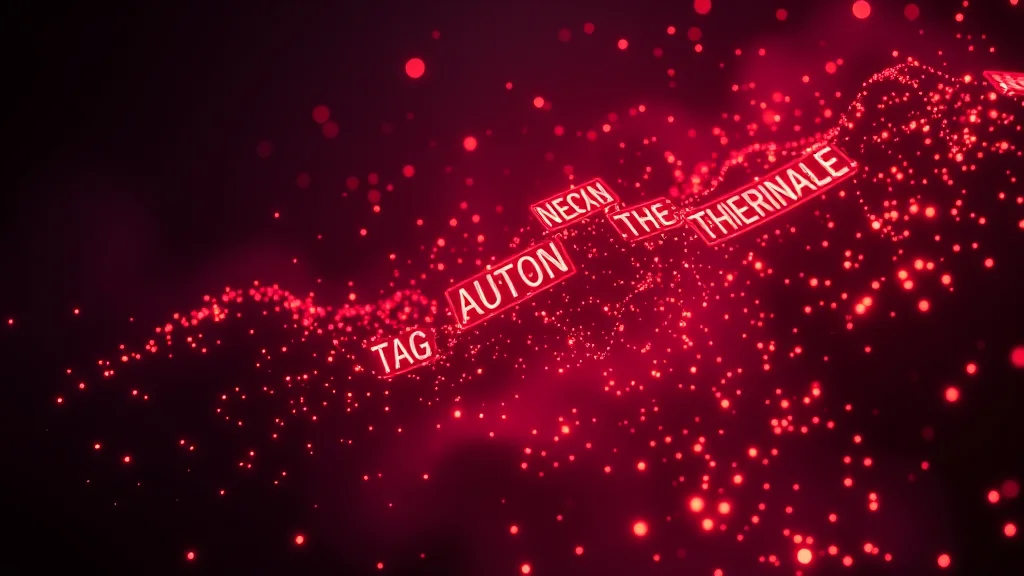 An auto tagger scanning thumbnails into tag clouds, neon nodes on dark