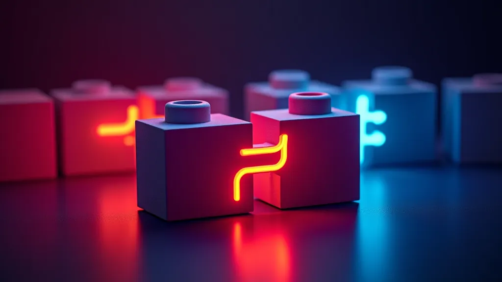 Niche, look, and content building blocks snapping together, neon on dark