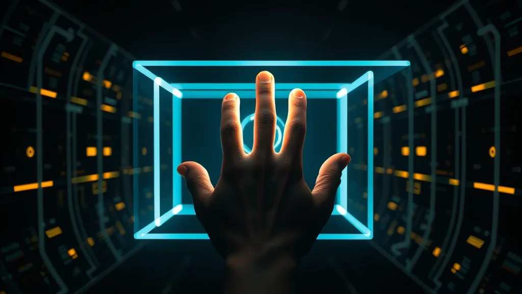 Detection box around a hand with a depth guide, glowing on dark