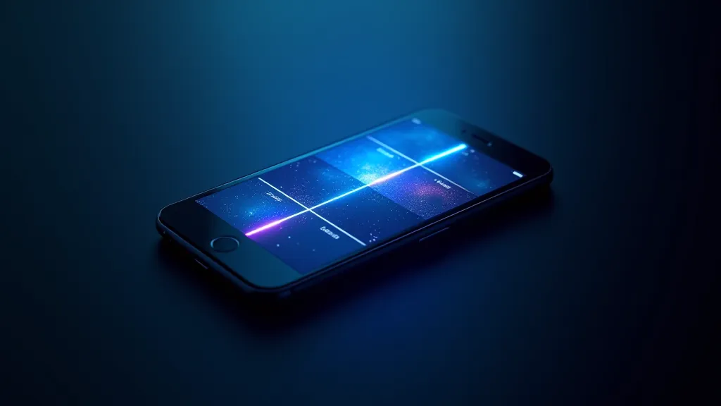 Nine tile launch grid glowing on a dark phone mockup, abstract