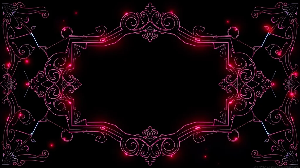An ornate gothic frame motif, neon nodes on dark