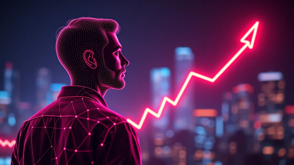 Revenue growth curve rising beside a profile avatar, neon nodes