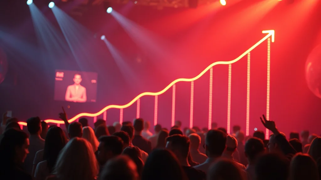 Audience growth curve feeding a subscriber conversion meter, neon nodes