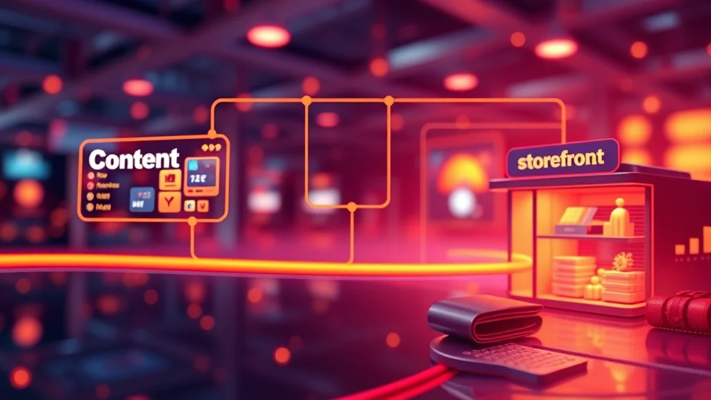 A content pipeline flowing from a generation node into a storefront and a wallet, abstract concept