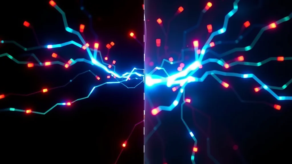 A before and after resolution split panel, neon nodes on dark