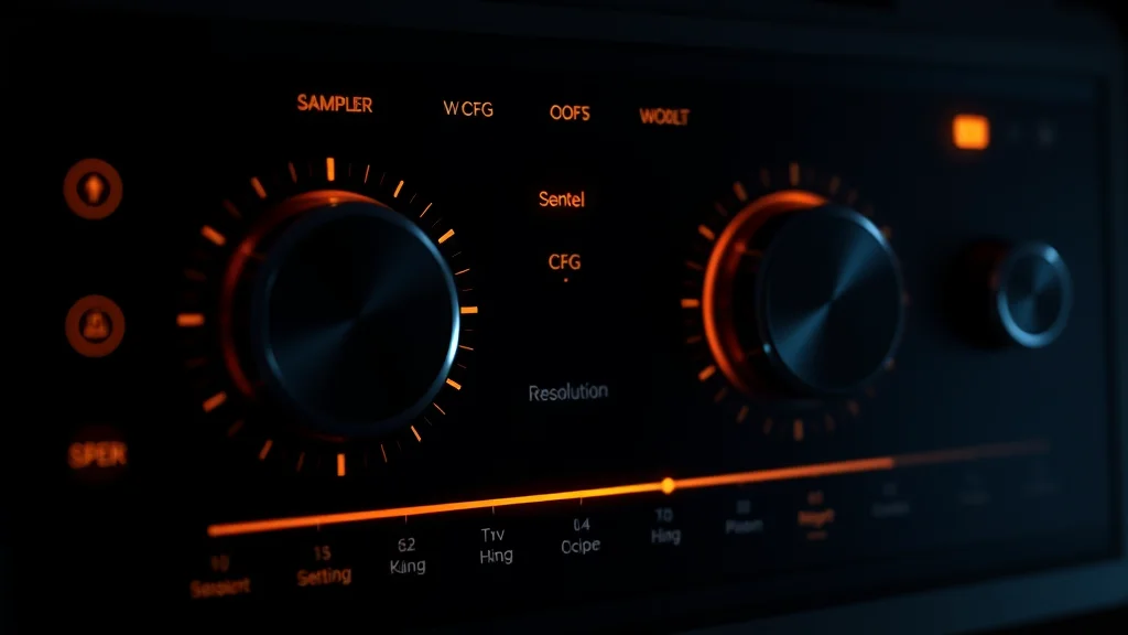Sampler, CFG and resolution settings dials on a dark UI, glowing