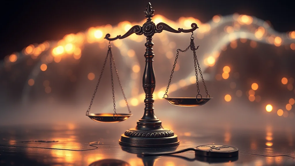 Glowing scales of justice over a digital canvas, abstract concept
