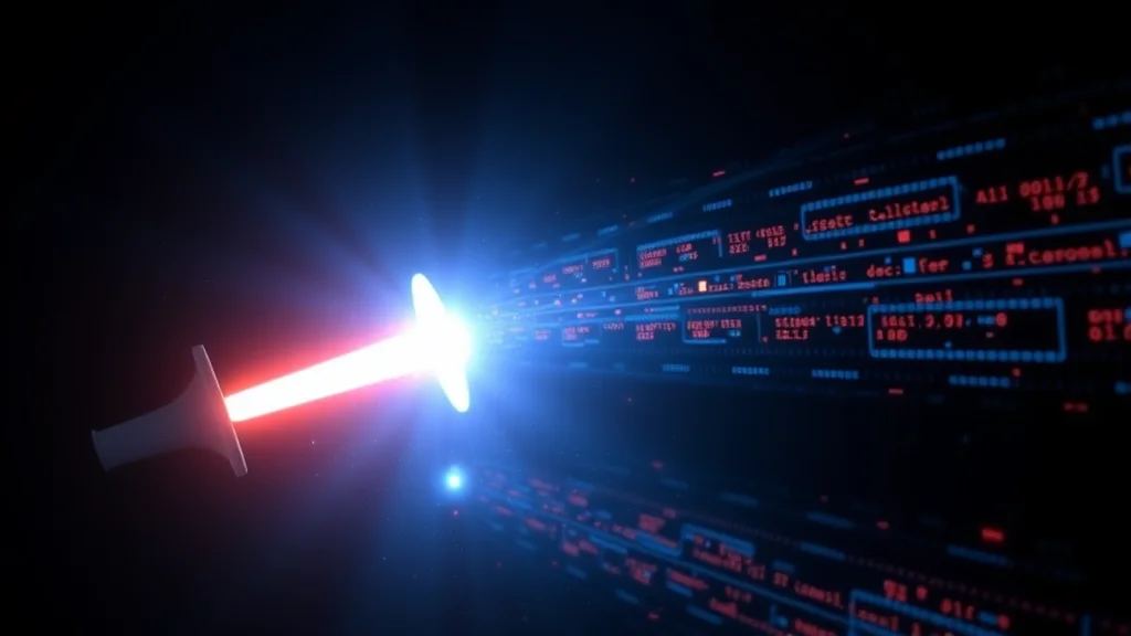 A gavel of light beside a data stream, glowing on dark