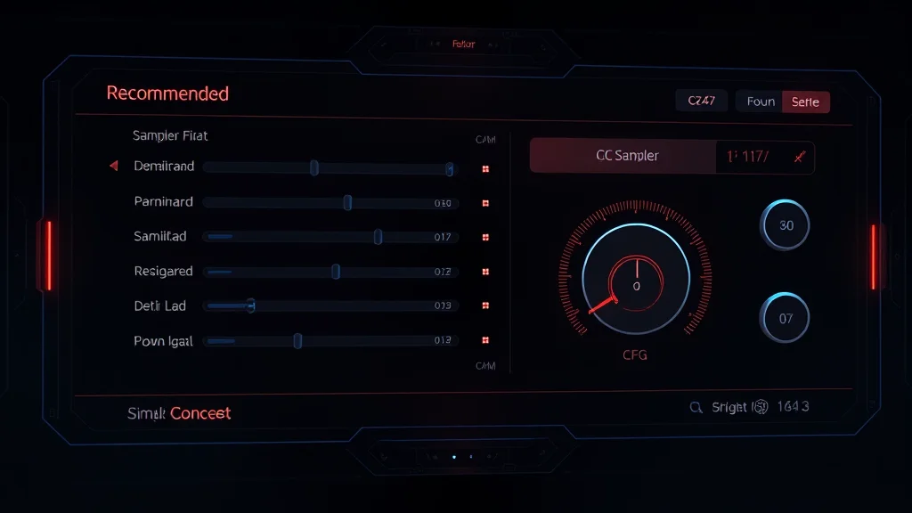 Recommended settings panel with sampler and CFG dials, glowing dark UI