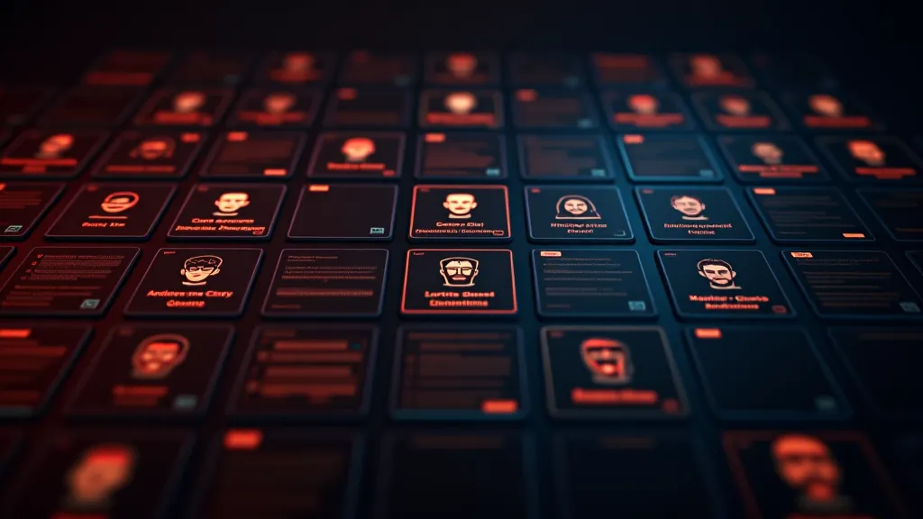 Grid of glowing character cards on dark background