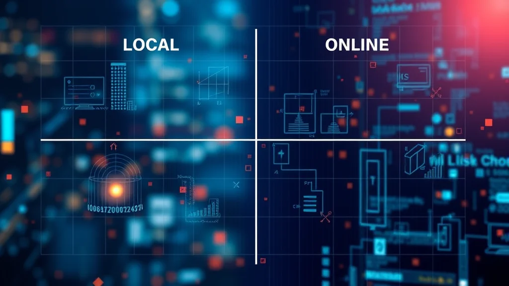 A decision matrix grid comparing local and online, abstract concept