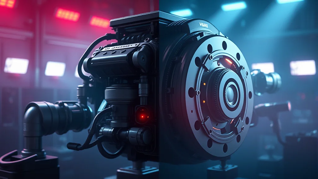 A sealed closed engine versus an open modular engine, abstract concept