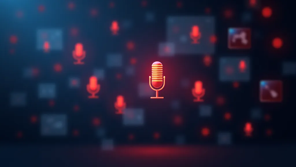 Photo and microphone icons floating over a dark chat UI