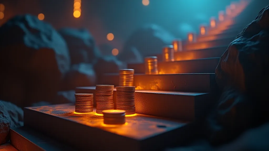 Subscription tier ladder with glowing tokens, abstract