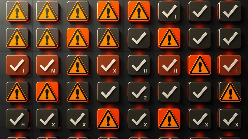A grid of warning icons each paired with a fix checkmark, abstract concept