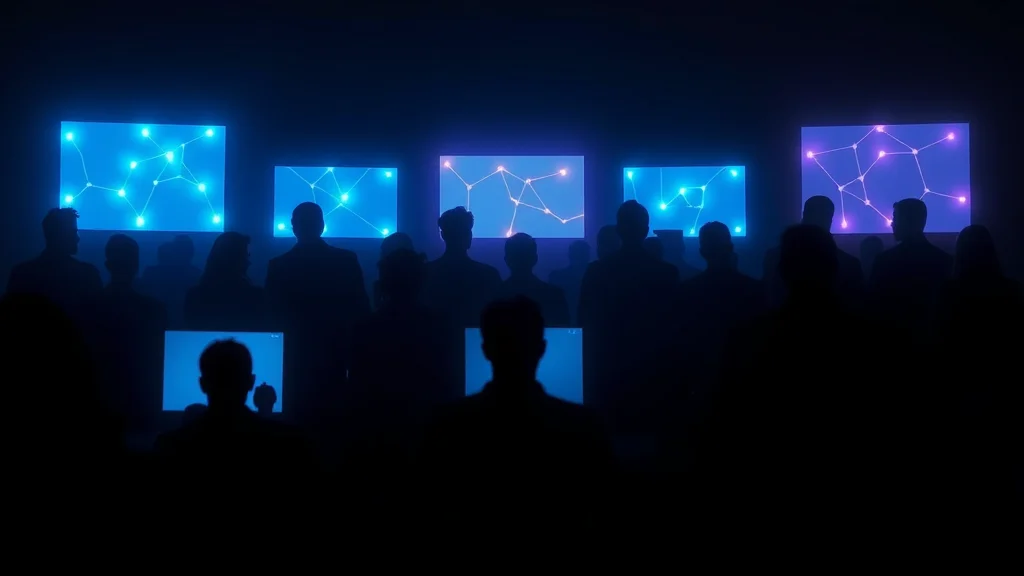 Neutral silhouette variations as glowing cards, neon nodes on dark