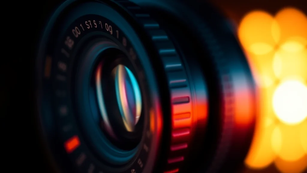 A lens and focal length dial adjusting depth of field, glowing on dark