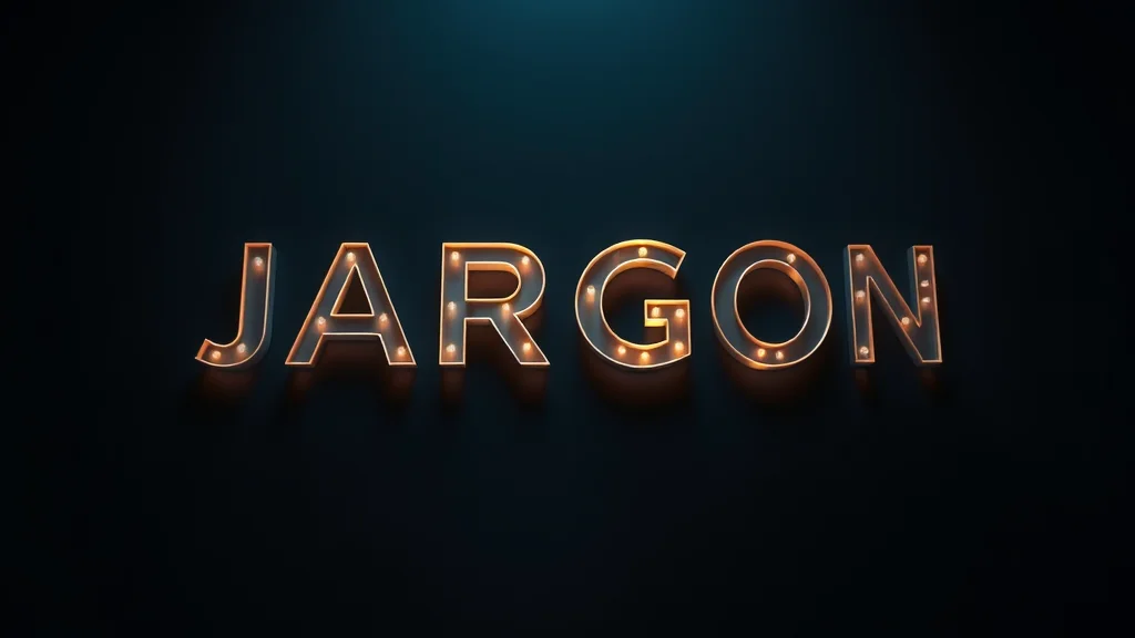 A jargon term unfolding into a plain icon explanation, glowing on dark