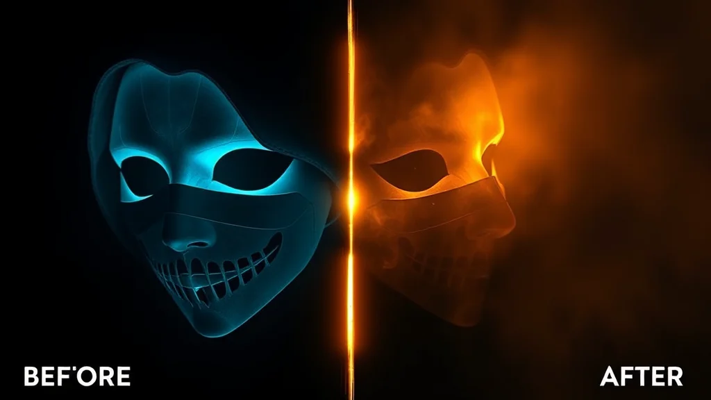 Before and after edit split of a masked area, glowing on dark