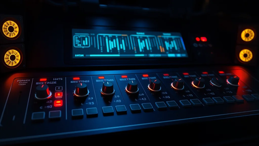 Per stage settings panel with glowing toggles, neon nodes on dark