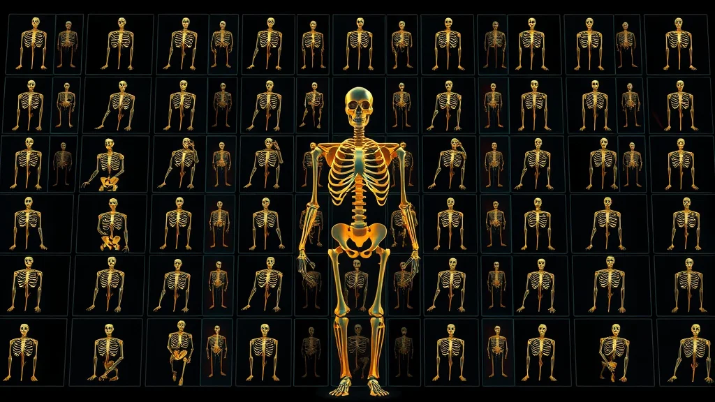 Grid of pose skeleton thumbnails as glowing cards, abstract concept