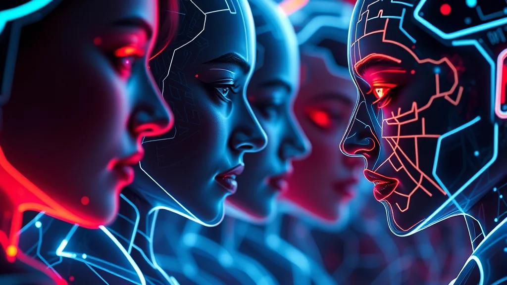 A reference identity feeding distinct new faces, neon nodes