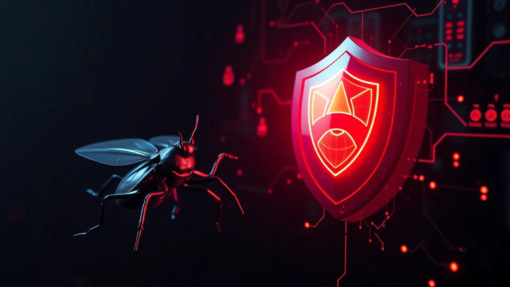 Malware bug icons deflected by a shield, glowing on dark
