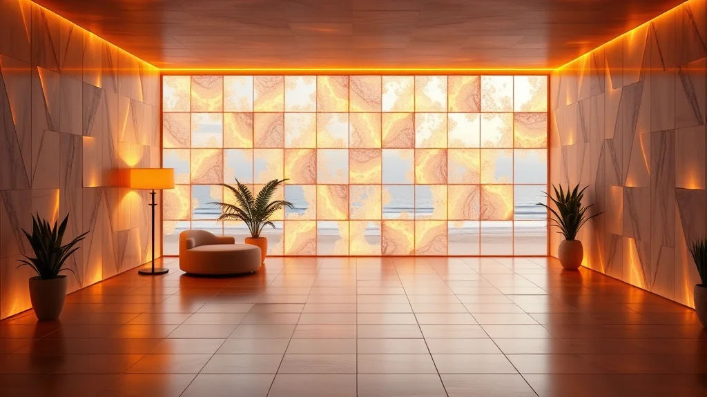 Background scene thumbnails (room, beach, studio) as glowing tiles, abstract concept