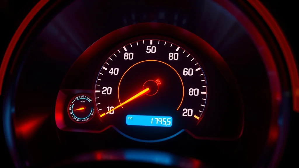 A speedometer style render-time gauge, glowing on dark