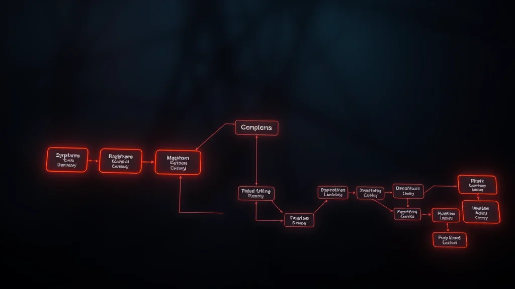 A symptom to cause to fix flowchart glowing on dark, abstract concept