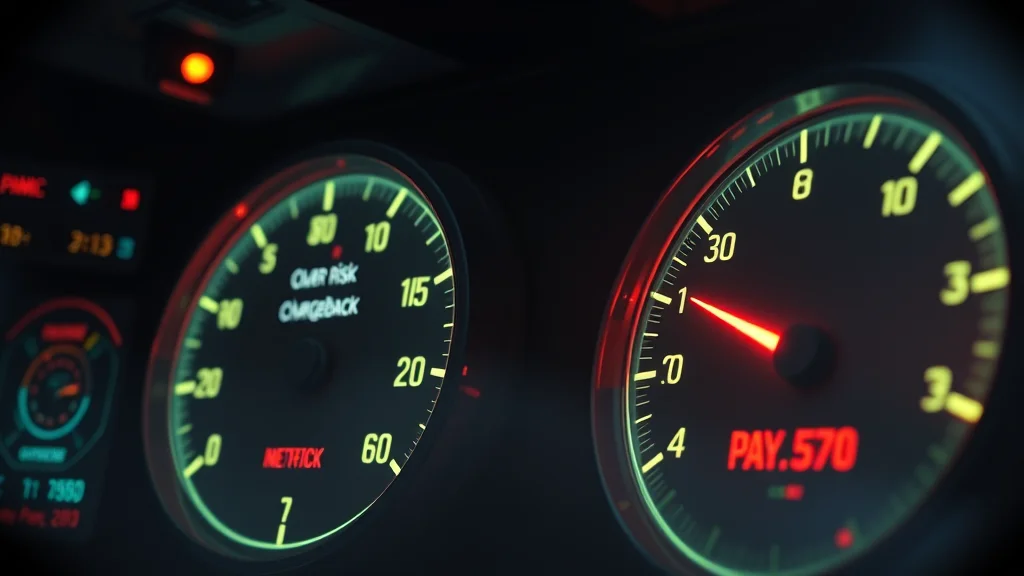 High-risk merchant flow with chargeback and payout meters, glowing on dark