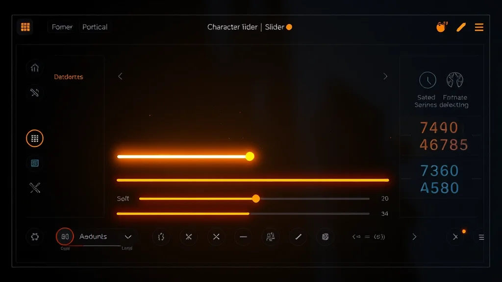 Character builder slider panel on a dark UI, glowing, abstract