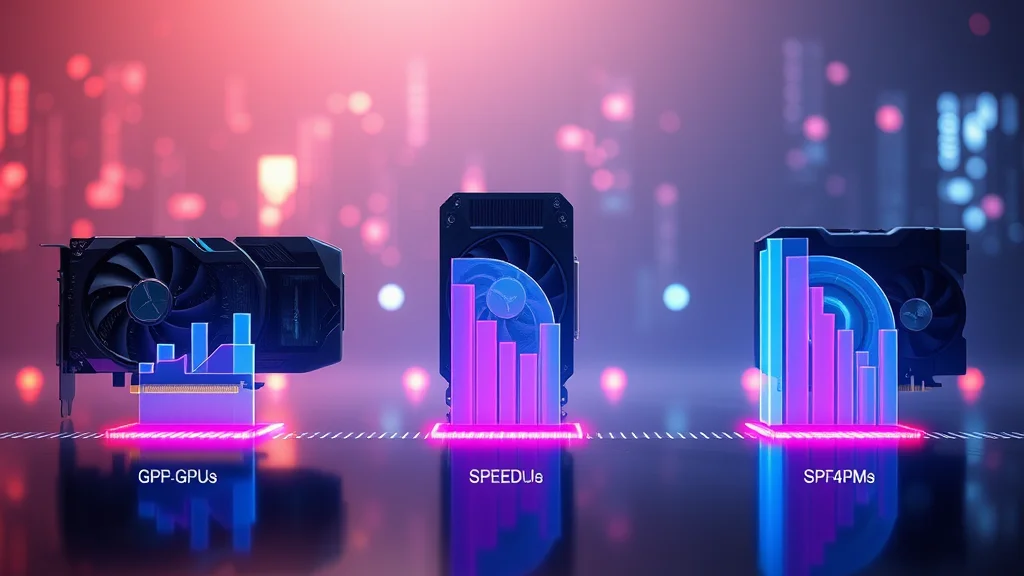 Three GPUs compared on speed and VRAM bars, abstract concept
