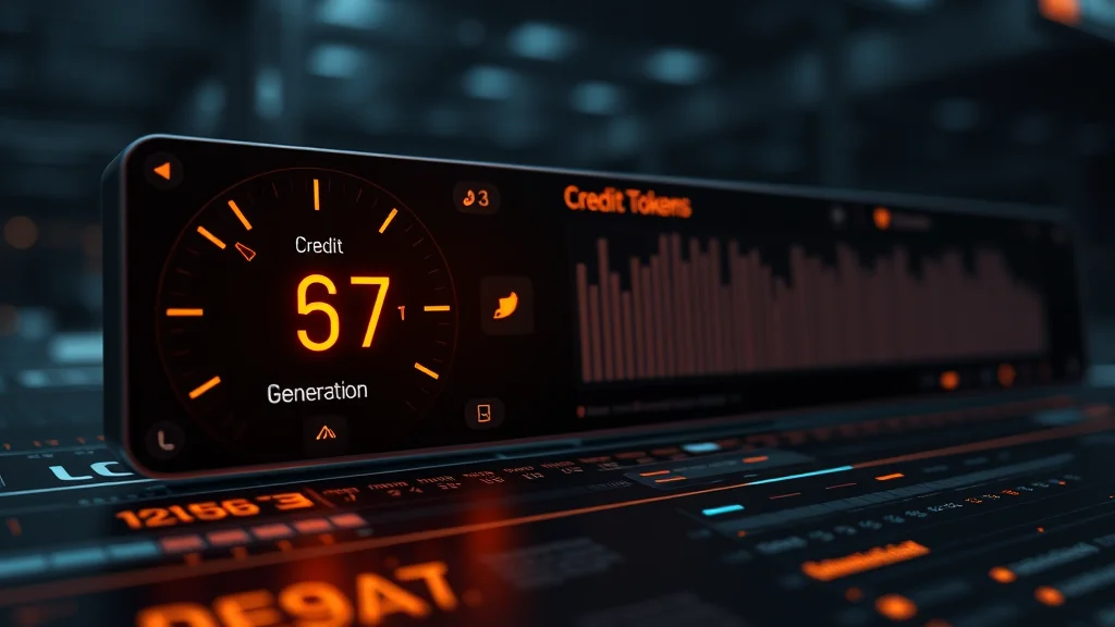 Credit token meter beside a generation queue, abstract dark UI
